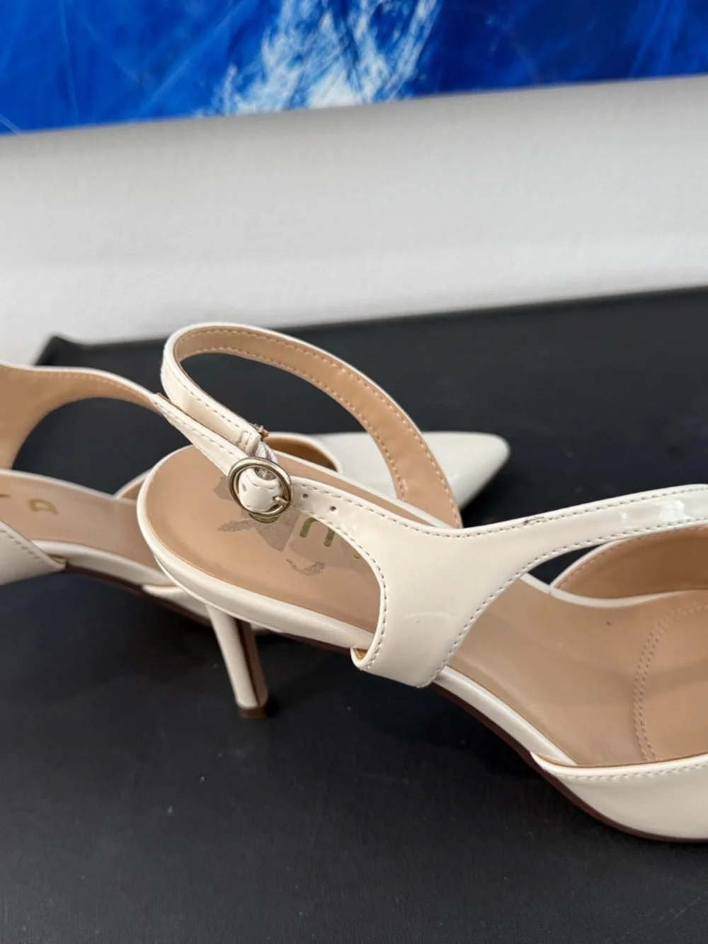 Unisa Cream Patent Pointed Toe Slingback Heels with Crisscross Strap - Picture 6 of 6